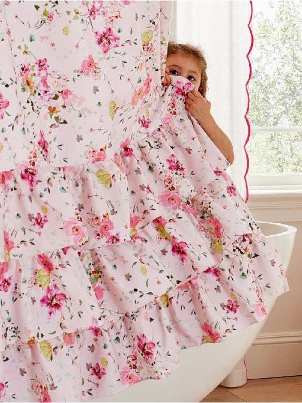 Pottery Barn Kids-Monique Ihuillier Shower Curtain-Pink Floral w/Ruffled Tiers